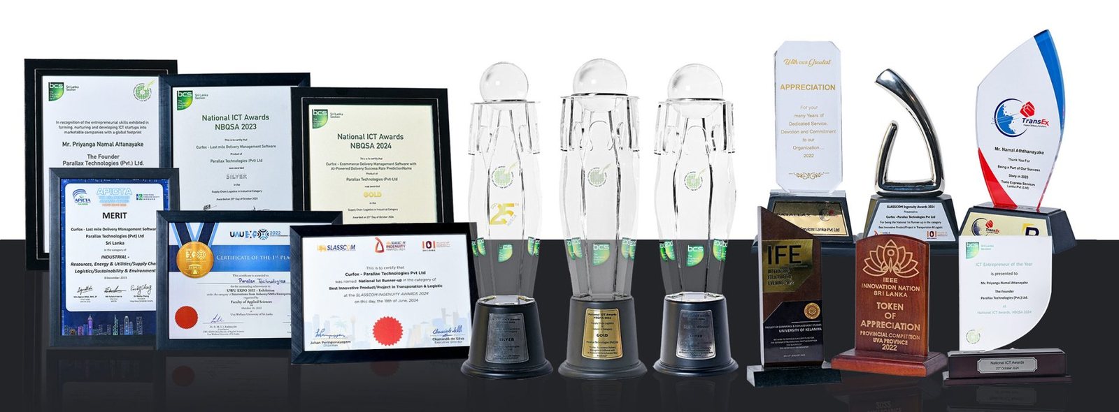The Curfox award shelf: framed certificates from the National ICT Awards NBQSA 2023 and 2024, APICTA and the UWU Expo, three NBQSA trophies, and awards from SLASSCOM Ingenuity, IEEE Innovation Nation Sri Lanka and Trans Express.